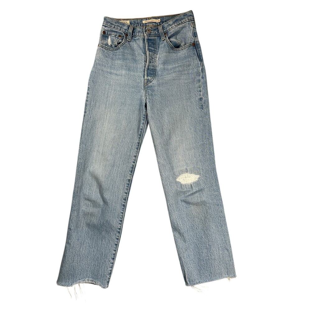 Levis Ribcage Straight Leg Jeans Womens 25 Light Wash Distressed Button Fly
